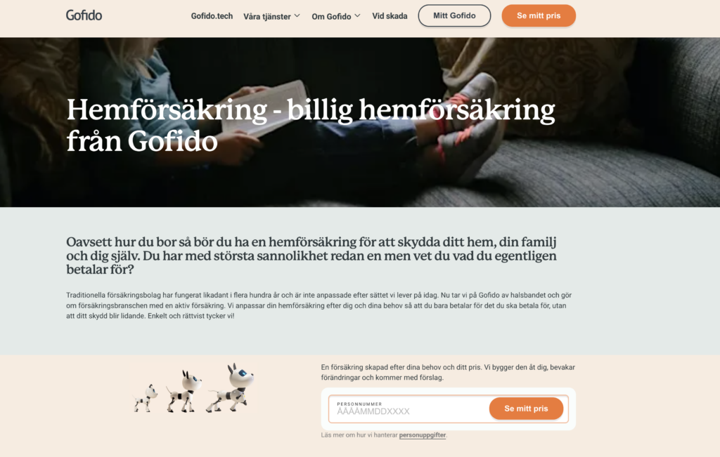 Skärmdump av Gofidos webbplats — så här ser det ut när du börjar teckna en hemförsäkring och väljer vad som ska ingå