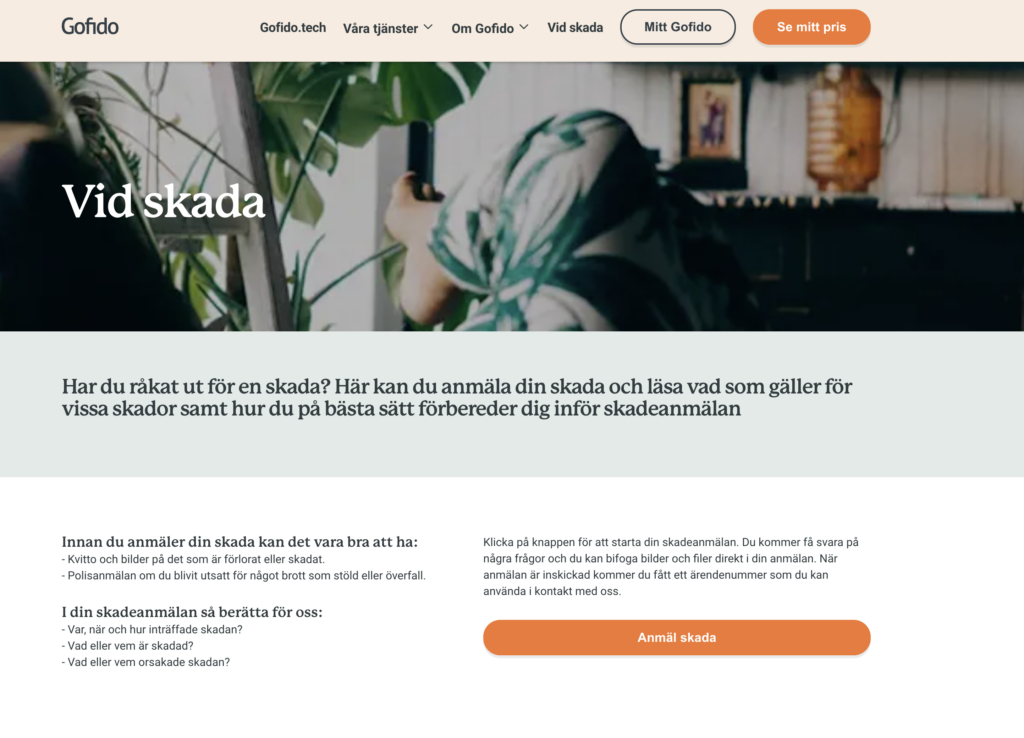Skärmdump av skadeanmälan hos Gofido — så här kontaktar du kundtjänst för att anmäla en skada